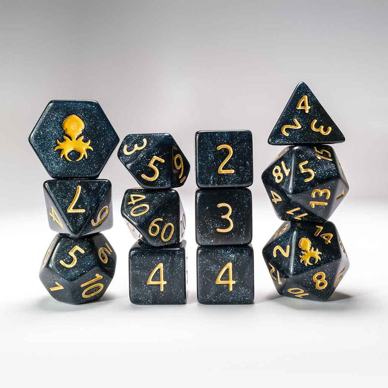 Abyss 12 Piece Glimmer Dice Set with Gold Ink + Dice Bag (Kraken Dice) - Bea DnD Games