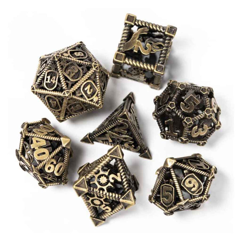 Adventuring Party 7 Piece Hollow Metal Polyhedral Dice Set & Dice Case - Bea DnD Games