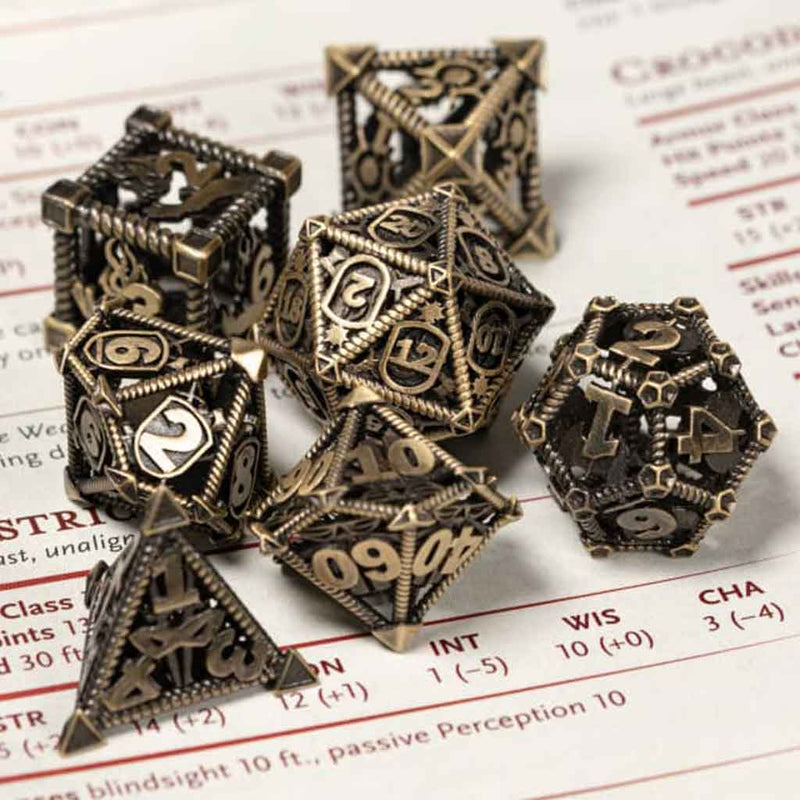 Adventuring Party 7 Piece Hollow Metal Polyhedral Dice Set & Dice Case - Bea DnD Games