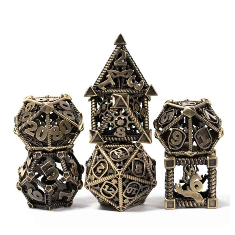 Adventuring Party 7 Piece Hollow Metal Polyhedral Dice Set & Dice Case - Bea DnD Games