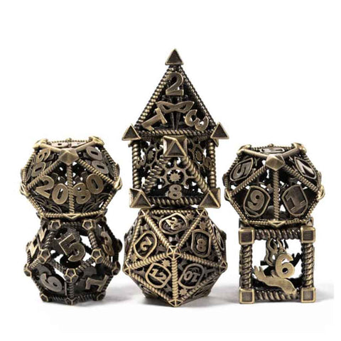 Adventuring Party 7 Piece Hollow Metal Polyhedral Dice Set & Dice Case - Bea DnD Games