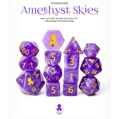 Amethyst Skies 14pc Dice Set by Kraken Dice + Dice Bag - Bea DnD Games