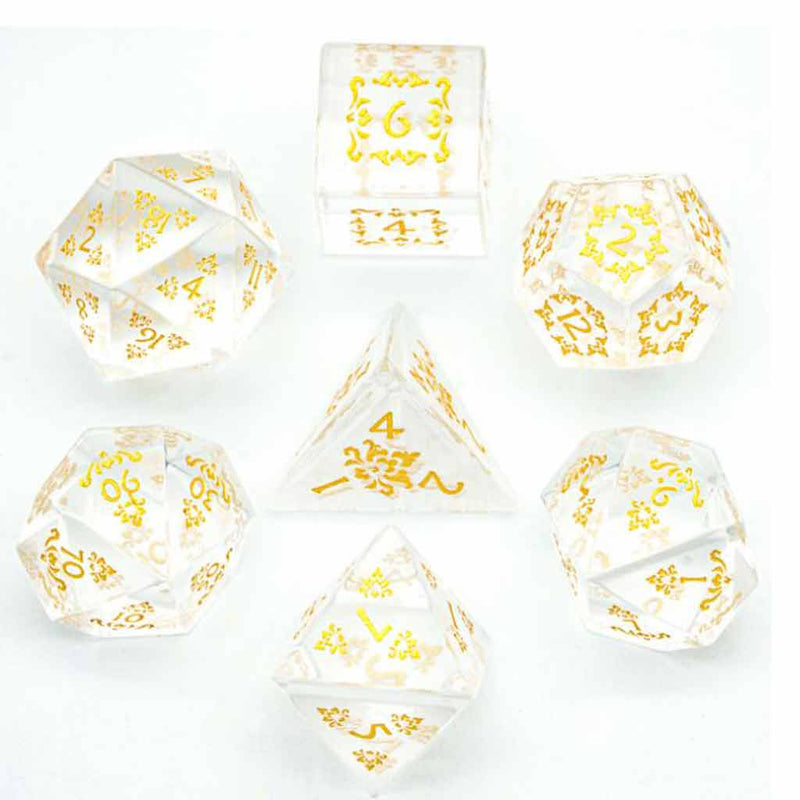 Angelic Script Handcrafted Glass Dice Set & Dice Case - Bea DnD Games