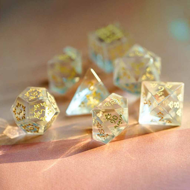 Angelic Script Handcrafted Glass Dice Set & Dice Case - Bea DnD Games
