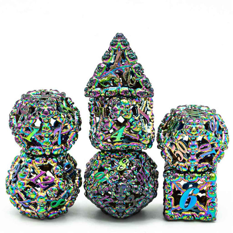Anointed Skulls 7 Piece Hollow Metal Polyhedral Dice Set & Dice Case - Bea DnD Games