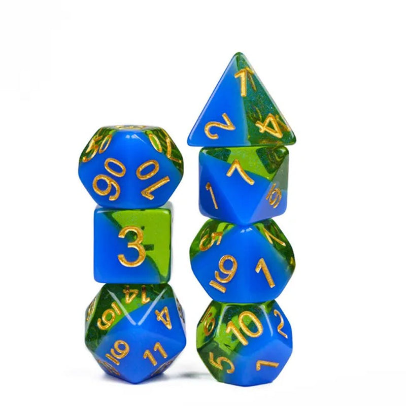 Aquaflora - 7 Piece Polyhedral Dice Set + Dice Bag - Bea DnD Games