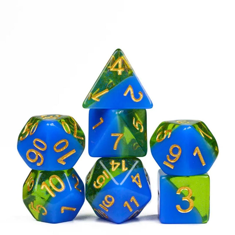 Aquaflora - 7 Piece Polyhedral Dice Set + Dice Bag - Bea DnD Games