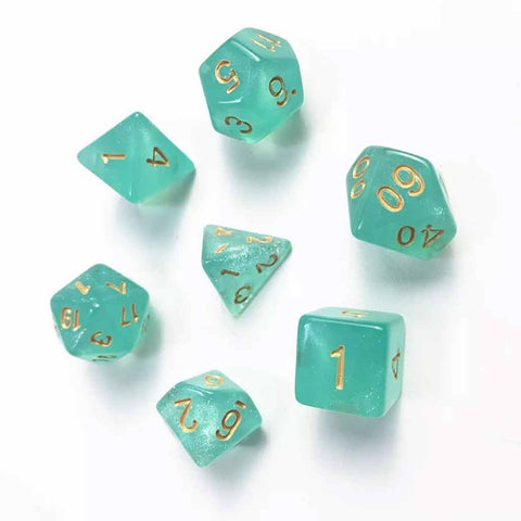 Aquatic Gold - 7 Piece Polyhedral Dice Set + Dice Bag - Bea DnD Games