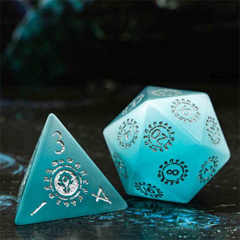 Arcanus Fabula - Blue Quartz Gemstone Dice Set & Dice Case - Bea DnD Games