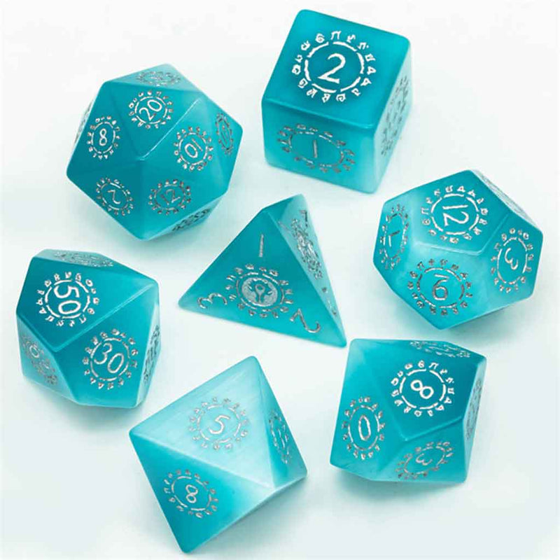 Arcanus Fabula - Blue Quartz Gemstone Dice Set & Dice Case - Bea DnD Games