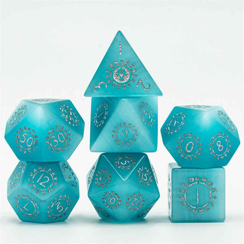 Arcanus Fabula - Blue Quartz Gemstone Dice Set & Dice Case - Bea DnD Games