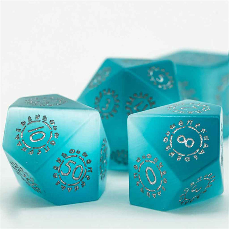 Arcanus Fabula - Blue Quartz Gemstone Dice Set & Dice Case - Bea DnD Games