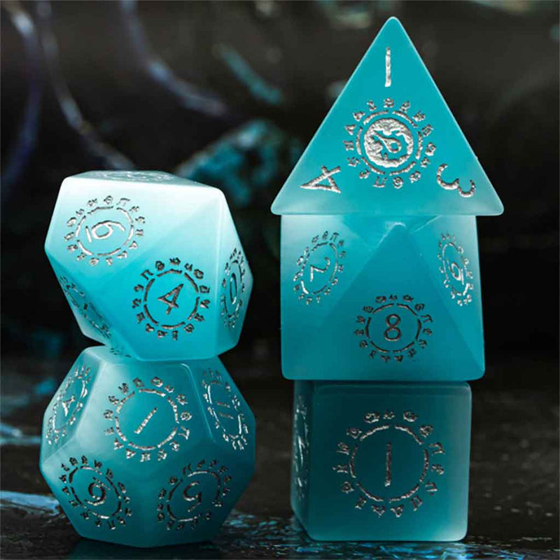 Arcanus Fabula - Blue Quartz Gemstone Dice Set & Dice Case - Bea DnD Games