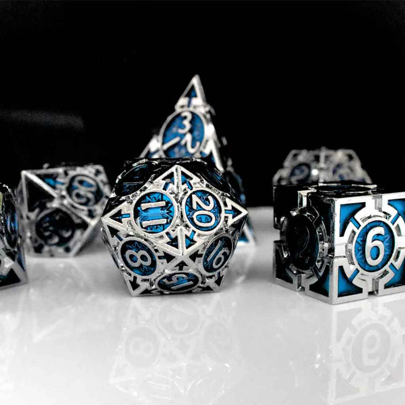 Auril's Avatar 7 Piece Metal Polyhedral Dice Set & Dice Case - Bea DnD Games