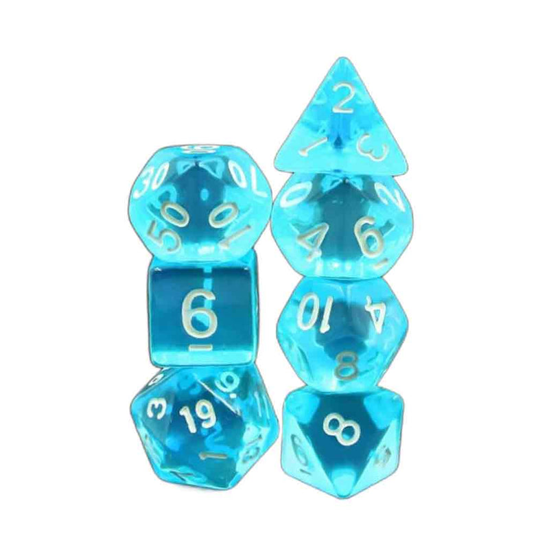 Azure Gems - 7 Piece Polyhedral Dice Set + Dice Bag - Bea DnD Games