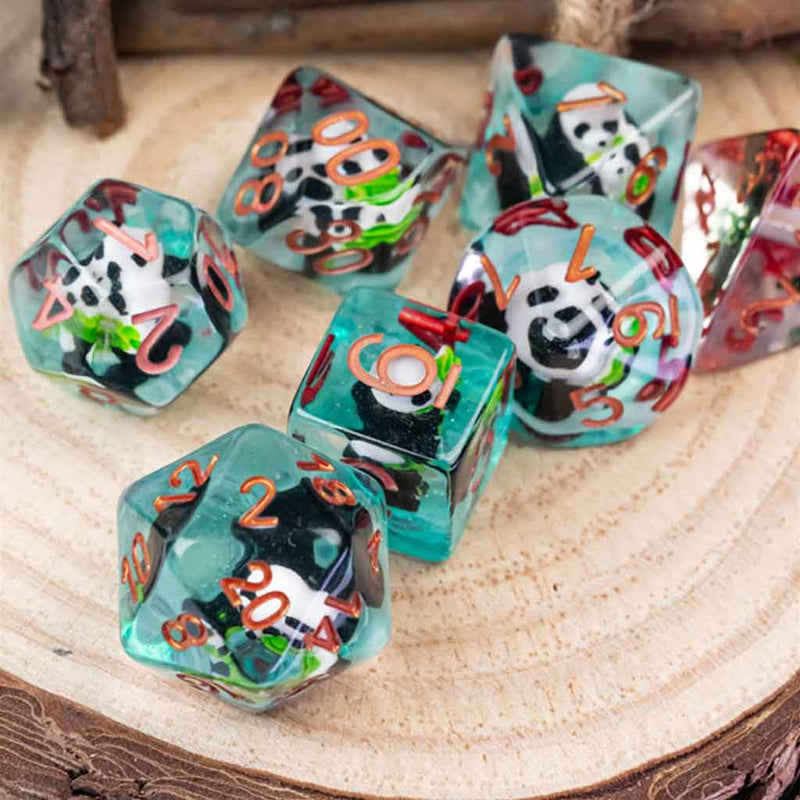 Bamboo Panda Dice - 7 Piece Polyhedral Dice Set + Dice Bag - Bea DnD Games