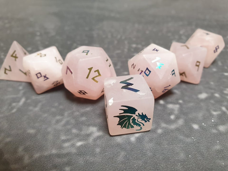 Bea DnD Ionised Rose Quartz Handcrafted Gemstone Dice by Level Up Dice - Bea DnD Games