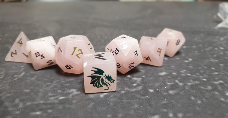 Bea DnD Ionised Rose Quartz Handcrafted Gemstone Dice by Level Up Dice - Bea DnD Games