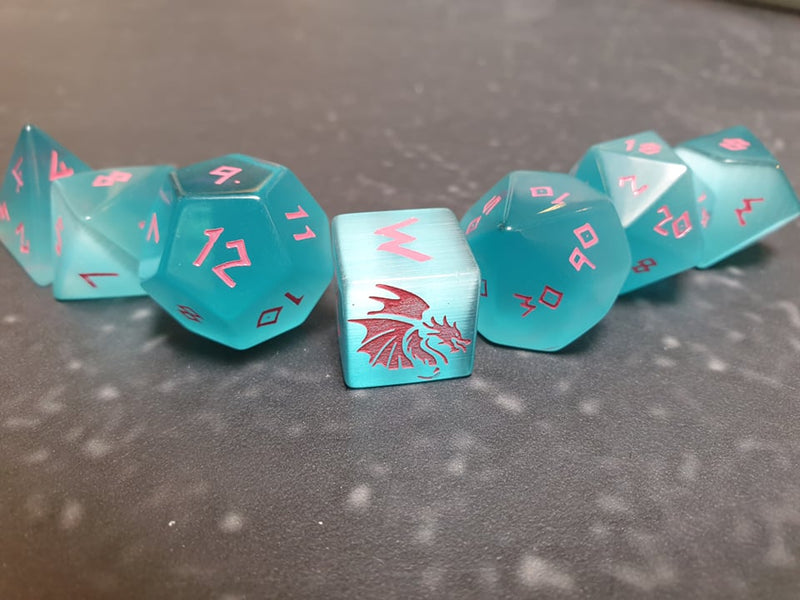 Bea DnD Rose Fairy Floss Blue Cat's Eye Handcrafted Gemstone Dice by Level Up Dice - Bea DnD Games