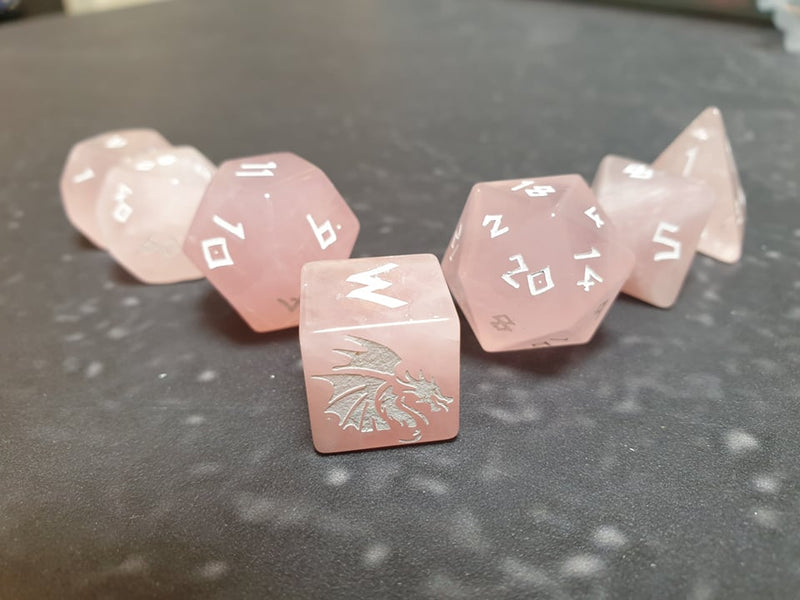 Bea DnD Rose Quartz Handcrafted Gemstone Dice by Level Up Dice - Bea DnD Games