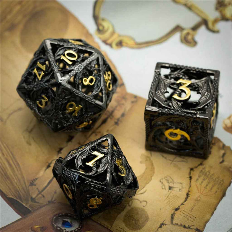 Black Dragon 7 Piece Hollow Metal Polyhedral Dice Set & Dice Case - Bea DnD Games