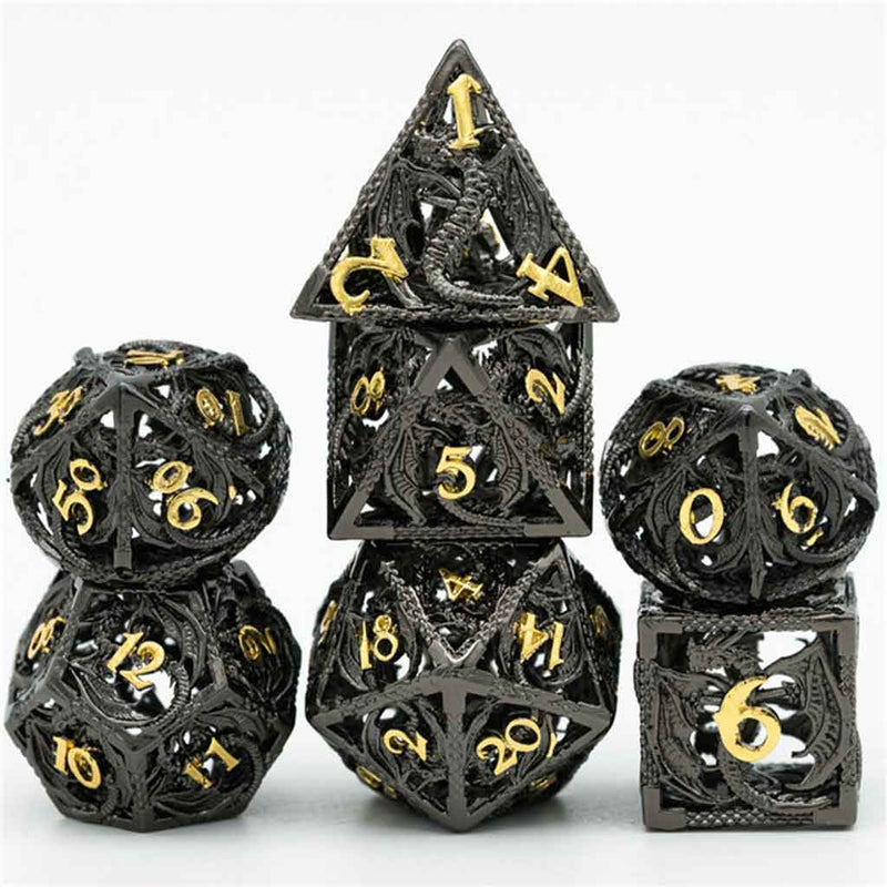Black Dragon 7 Piece Hollow Metal Polyhedral Dice Set & Dice Case - Bea DnD Games