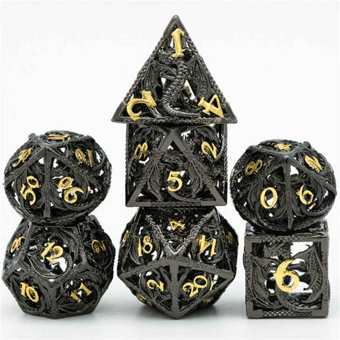 Black Dragon 7 Piece Hollow Metal Polyhedral Dice Set & Dice Case - Bea DnD Games