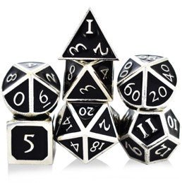 Black Magic 7 Piece Metal Polyhedral Dice Set & Dice Case - Bea DnD Games