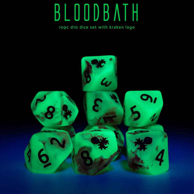 Bloodbath 10 Piece D10 GLOW IN THE DARK Dice Set - Bea DnD Games