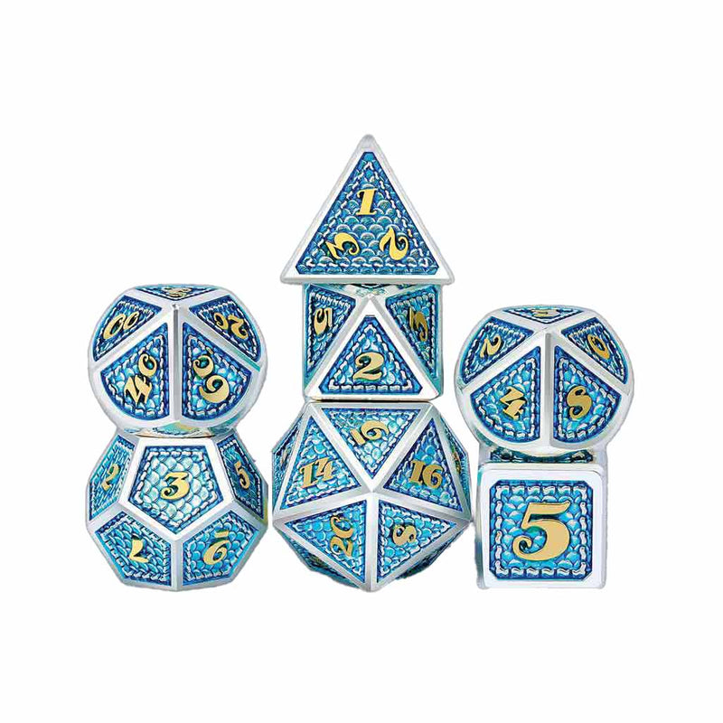 Blue Dragon 7 Piece Metal Polyhedral Dice Set & Dice Case - Bea DnD Games