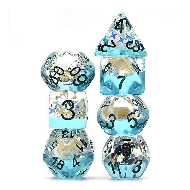 Blue Lagoon - 7 Piece Polyhedral Dice Set + Dice Bag - Bea DnD Games