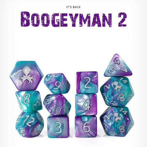 BoogeyMan 2 with Silver Ink - 12pc Dice Set by Kraken Dice + Dice Bag - Bea DnD Games