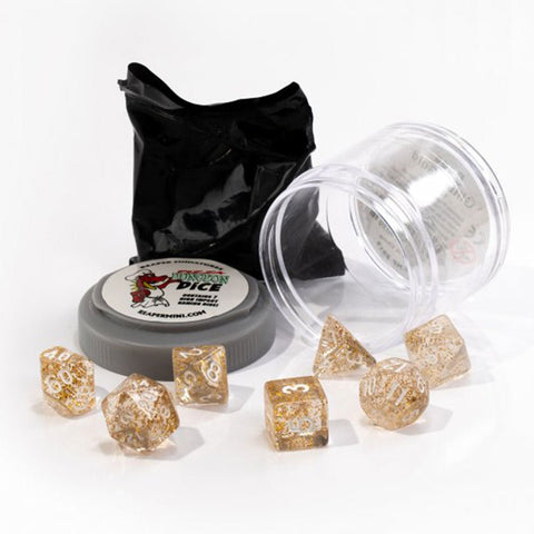 Boss Dice Glitter Gold Pizza Dungeon Dice by Reaper Miniatures - 7 Piece Polyhedral Dice Set & Random High Roller Figure - Bea DnD Games
