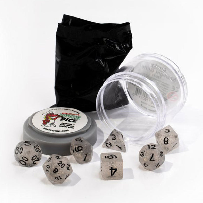 Boss Dice Starlight Glitter Pizza Dungeon Dice by Reaper Miniatures - 7 Piece Polyhedral Dice Set & Random High Roller Figure - Bea DnD Games