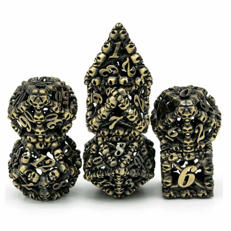 Cackling Skulls 7 Piece Hollow Metal Polyhedral Dice Set & Dice Case - Bea DnD Games