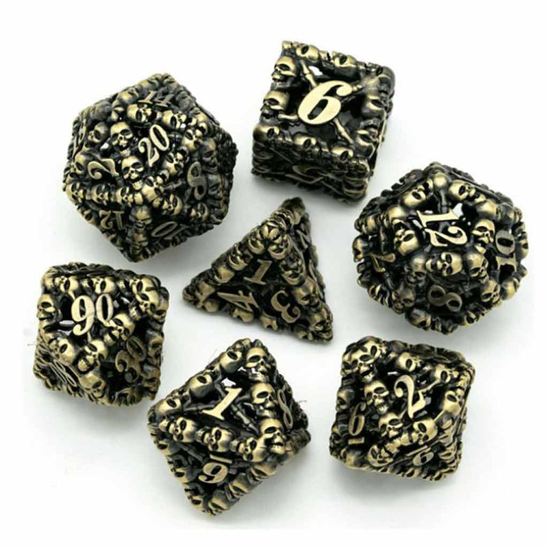 Cackling Skulls 7 Piece Hollow Metal Polyhedral Dice Set & Dice Case - Bea DnD Games