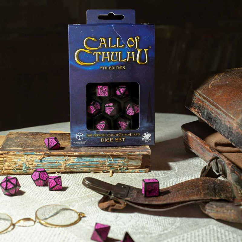 Call of Cthulhu (Black and Magenta) 7pc polyhedral dice set by Q Workshop - Bea DnD Games
