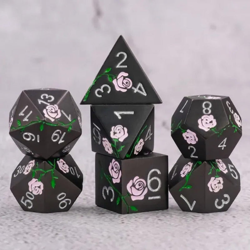 Carefree Beauty - 7 Piece Metal Polyhedral Dice Set & Dice Case - Bea DnD Games