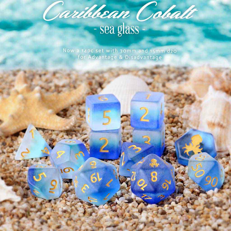 Caribbean Cobalt 12 Piece Handcrafted Dice Set with Gold Ink + Dice Bag (Kraken Dice) - Bea DnD Games