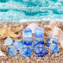 Caribbean Cobalt 14 Piece Handcrafted Dice Set (with Silver Ink) by Kraken Dice + Dice Bag - Bea DnD Games