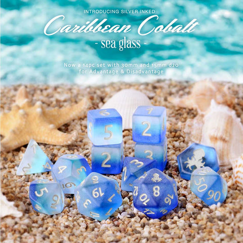 Caribbean Cobalt 14 Piece Handcrafted Dice Set (with Silver Ink) by Kraken Dice + Dice Bag - Bea DnD Games