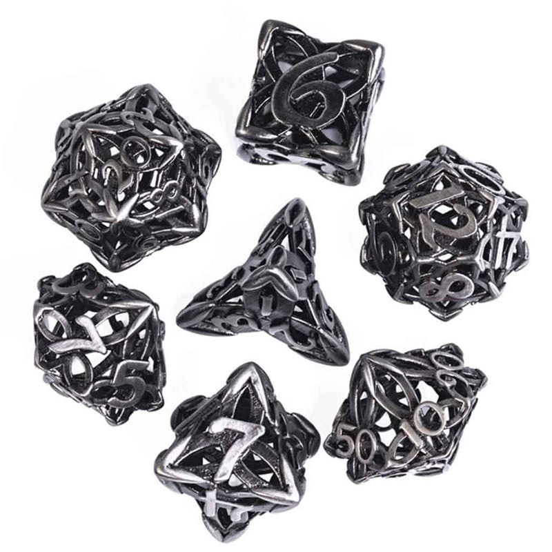Charmed 7 Piece Hollow Metal Polyhedral Dice Set & Dice Case - Bea DnD Games