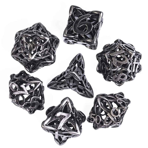 Charmed 7 Piece Hollow Metal Polyhedral Dice Set & Dice Case - Bea DnD Games