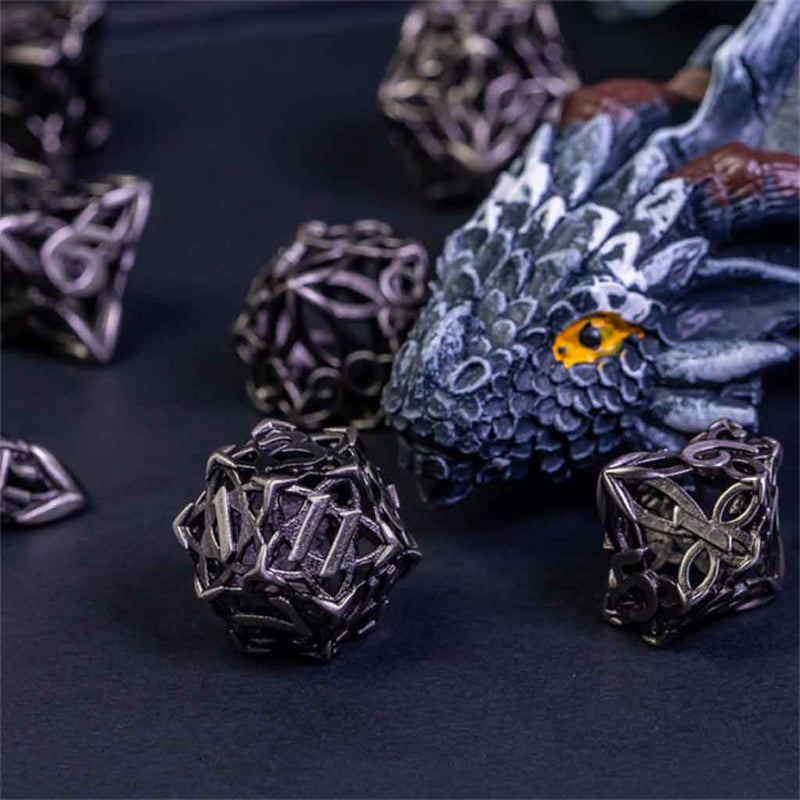 Charmed 7 Piece Hollow Metal Polyhedral Dice Set & Dice Case - Bea DnD Games