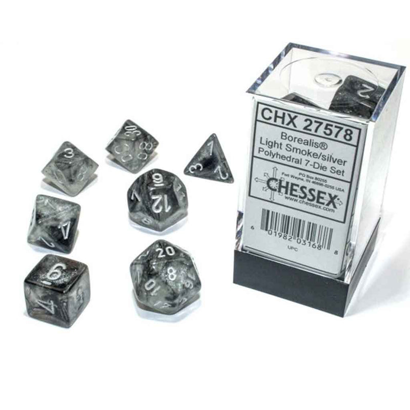 Chessex Borealis Light Smoke/Silver 7 Piece Polyhedral Dice Set (CHX 27578) - Bea DnD Games