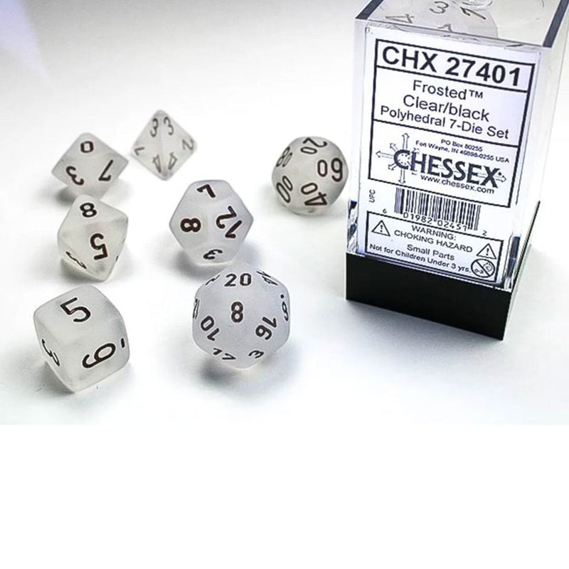 Chessex Frosted Clear/Black 7 Piece Polyhedral Dice Set (CHX 27401) - Bea DnD Games