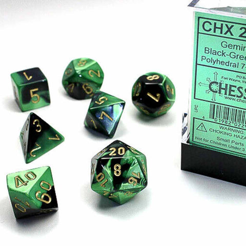 Chessex Gemini Black & Green with Gold 7 Piece Polyhedral Dice Set (CHX 26439) - Bea DnD Games