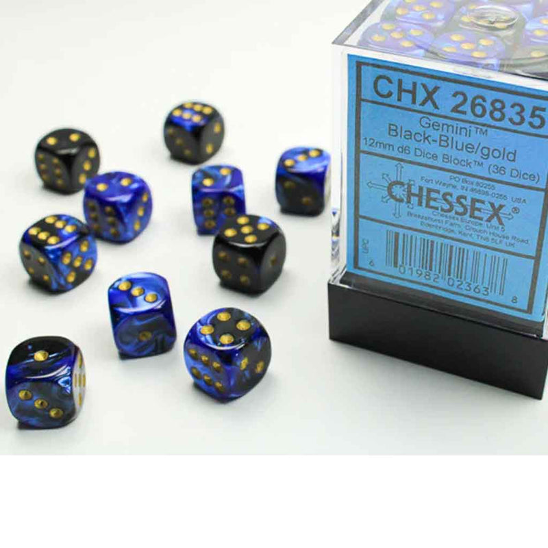 Chessex Gemini Black/Blue with Gold Set of 36 Mini d6 Dice (CHX 26835) - Bea DnD Games