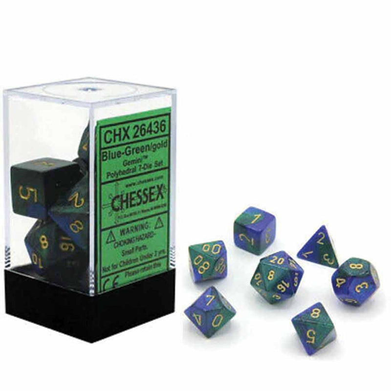 Chessex Gemini Blue & Green with Gold 7 Piece Polyhedral Dice Set (CHX 26436) - Bea DnD Games