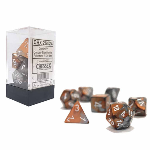 Chessex Gemini Copper Steel with White 7 Piece Polyhedral Dice Set (CHX 26424) - Bea DnD Games
